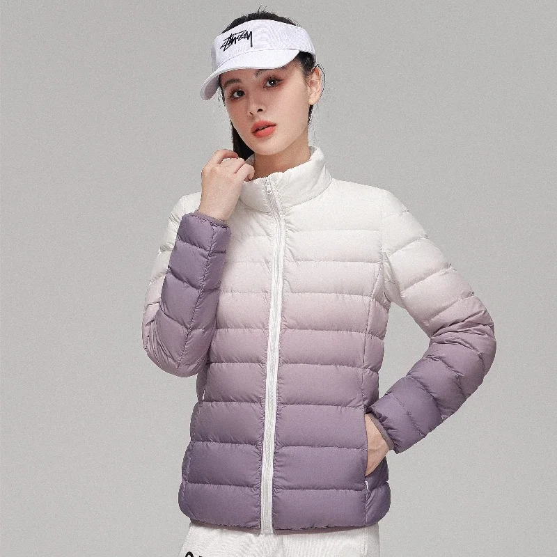 

Женские ультралегкие пуховики, новинка осени/зимы 2023, женские модные градиентные слиновые куртки с коротким воротником-стойкой, сохраняющие тепло пальто