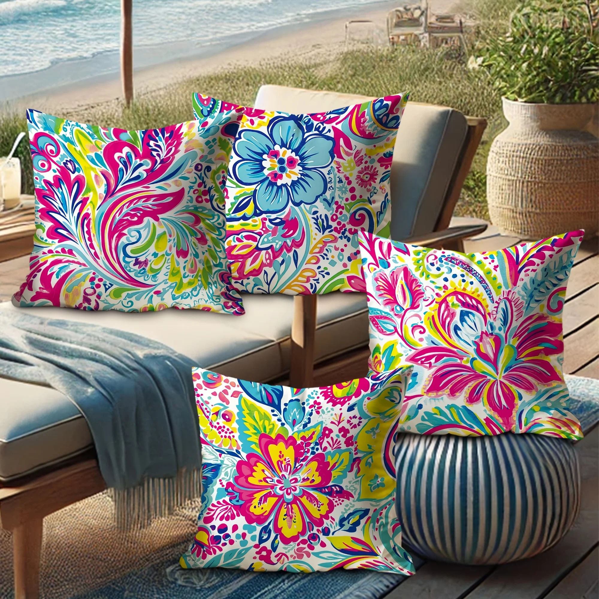 

Set of 4 Floral Pattern Throw Pillow Covers, Pillowcases, Zipper Closure, Machine Washable, 18x18 Inch Balcony Sofa Decor