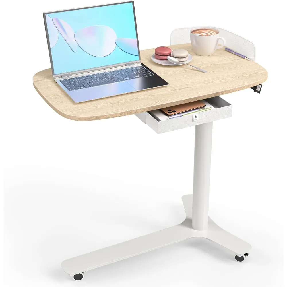 Rolling Desk Adjustable Height with Drawer and Wheels Portable Small Standing Desk Pneumatic