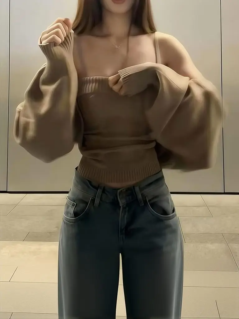 Brown Khaki Sweet Sexy Cardigan Camisole Knitted Suit Set Women Korean Thin Strap Tank Top 2 Pieces Set Spring Fall Outfits