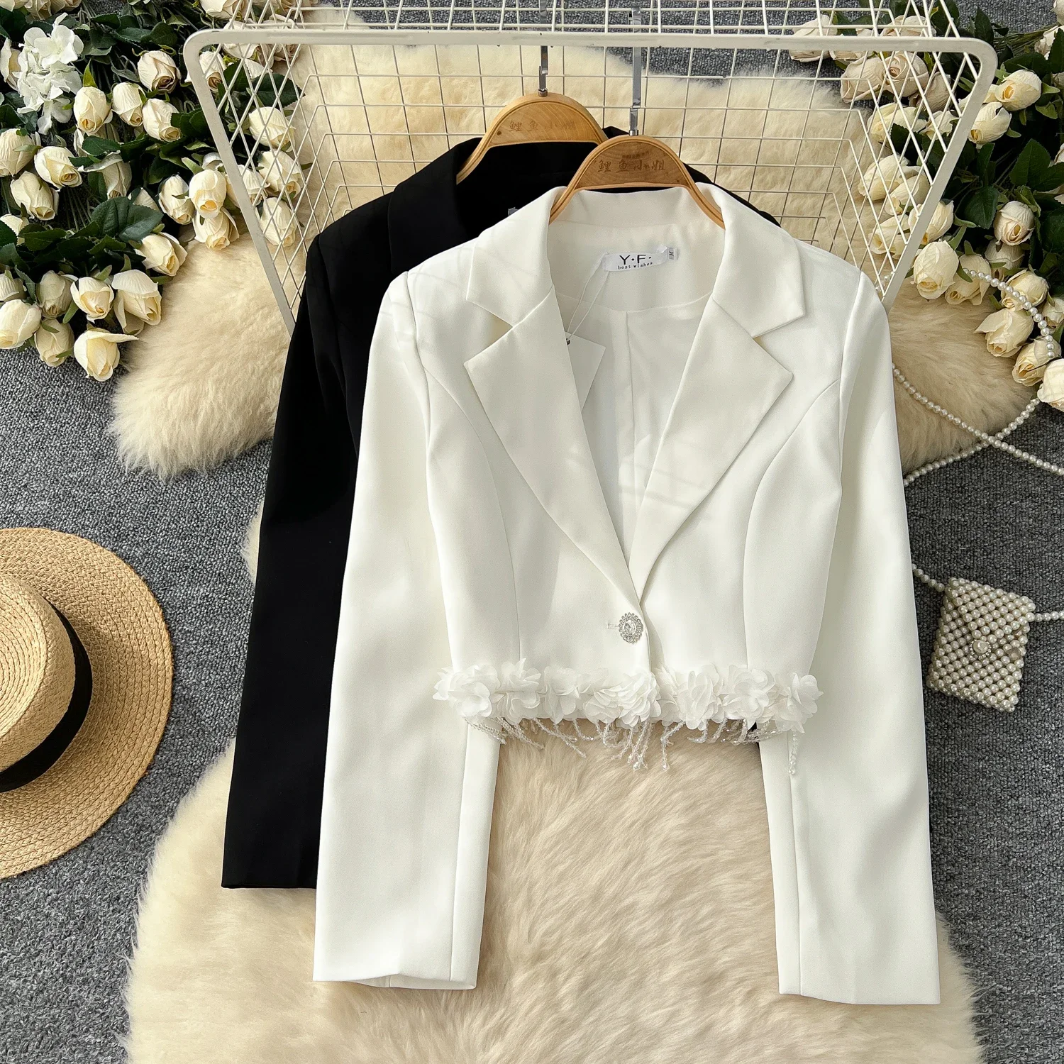 Chic Notched Neck Basics Long Sleeve Elegant 3D Floral Beading Tassel Slim Coat French Streetwear High Street Autumn Winter Top