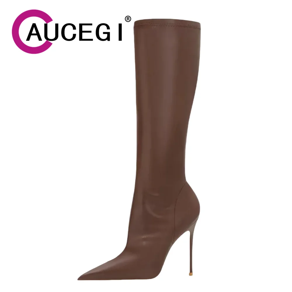 Aucegi Spring Autumn Quality PU Pointed Toe Women Knee High Boots Fashion Stiletto Heels Side Zipper Ladies Party Dress Shoes