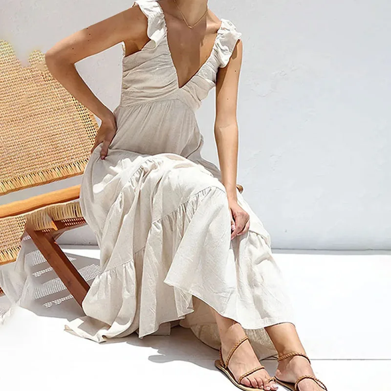 

Summer Beach Hem Maxi Dress Lady Elegant Sleeveless High Waist Draped Pleat Dresses 2024 High Street V Neck Loose A-Line Dress