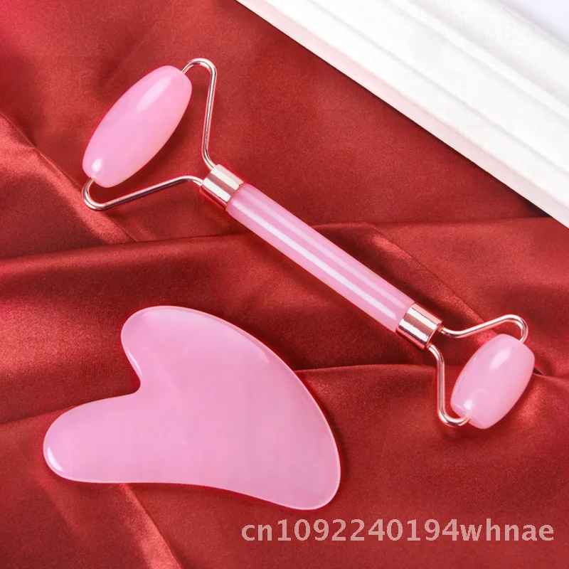 Doppelköpfiges Roller-Massagegerät-Set aus Rosenquarz, Gesichtsschönheitsbrett, manueller Stick für Gesichtsformung und Abnehmen, Rosa, Grün, Schwarz