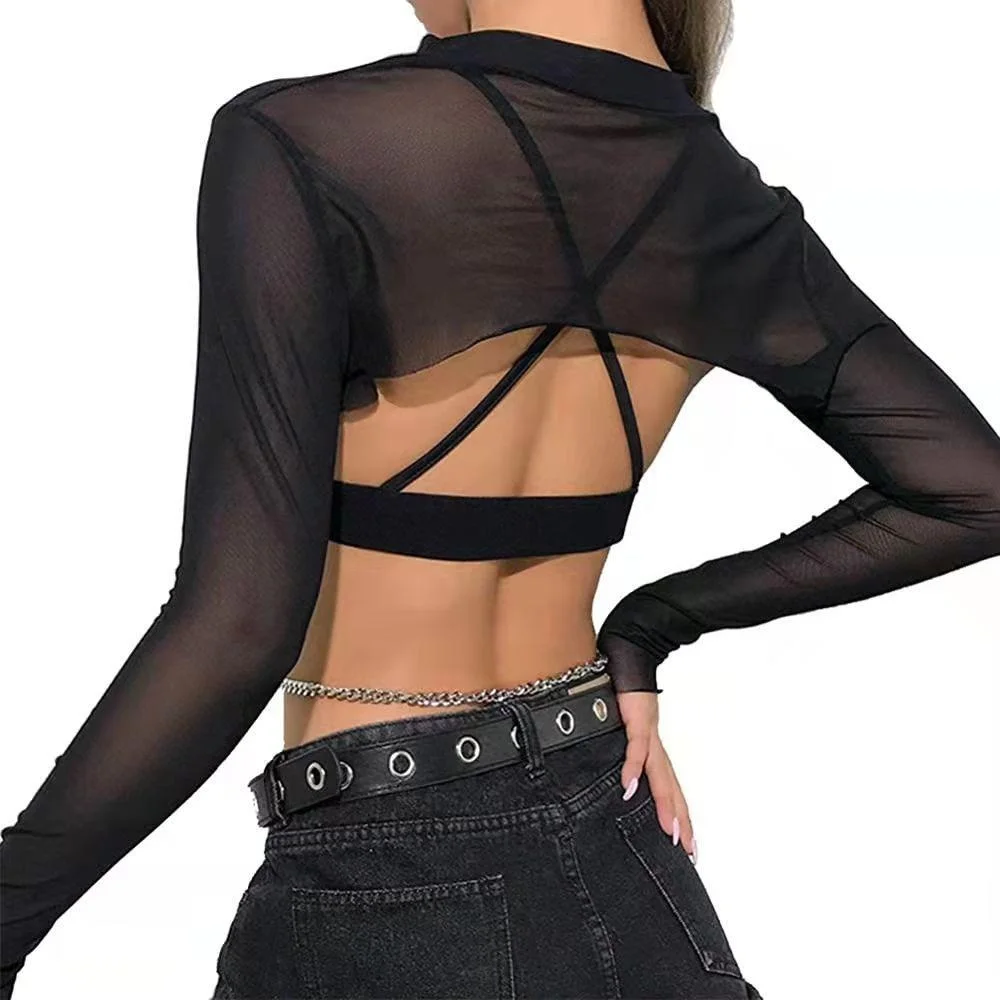 Women\'s Gothic Mesh See Through Long Sleeve Turtleneck Bolero Shrug Crop Tops Black O-ring Metal Detail