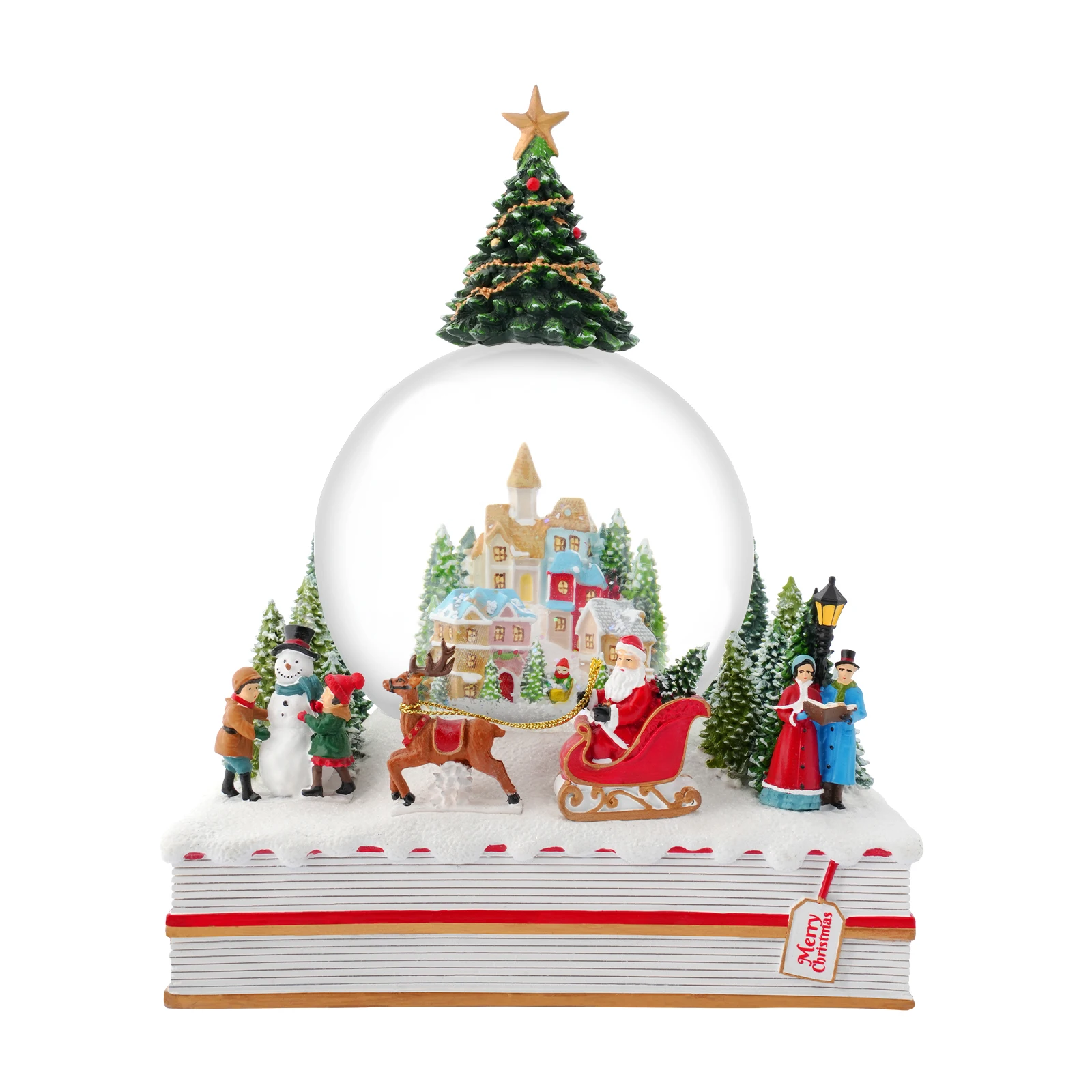 

Bible Pedestal Music Box with Crystal Ball, Features Church Interior & Winter Scenes like Carriages, Figures, Snowmen, Perfect C