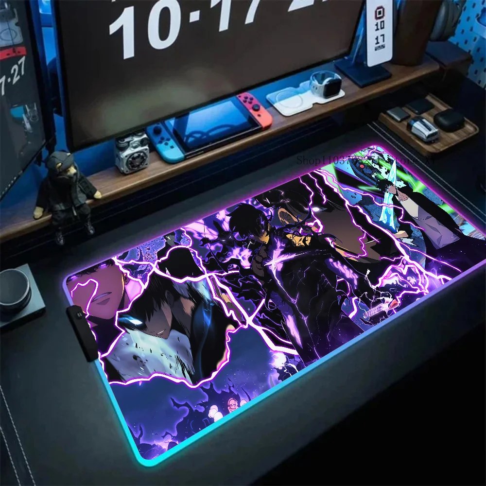 Sung Jinwoo Neon Art Solo Leveling Mousepad XXL RGB Gaming Mouse Pads HD Black Gamer Accessories Large LED