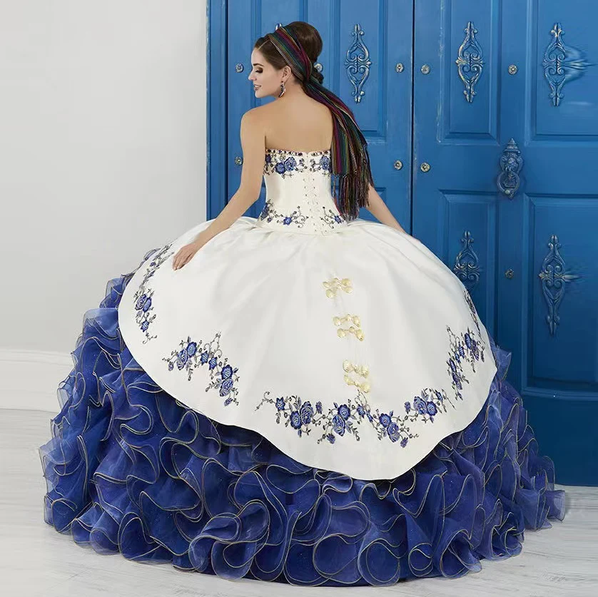 New Ruffles Quinceanera Dresses Floral Appliques Strapless Embroidery Ruffy Princess Gown Birthday Party Prom Dress Customized