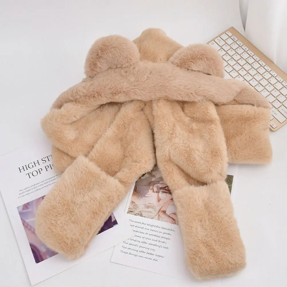 Casual Plush Bear Ears Hat Windproof Winter Warm Integrated Cap Scarf Thickened Hat Scarf Gloves Set for Woman Girls