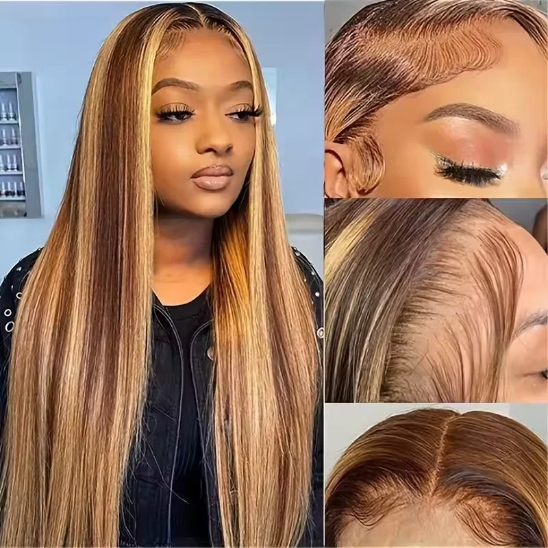

36 Inches P4/27 Highlight Straight Human Hair 200 Density 13x6 HD Transparent Lace Frontal Wig For Women