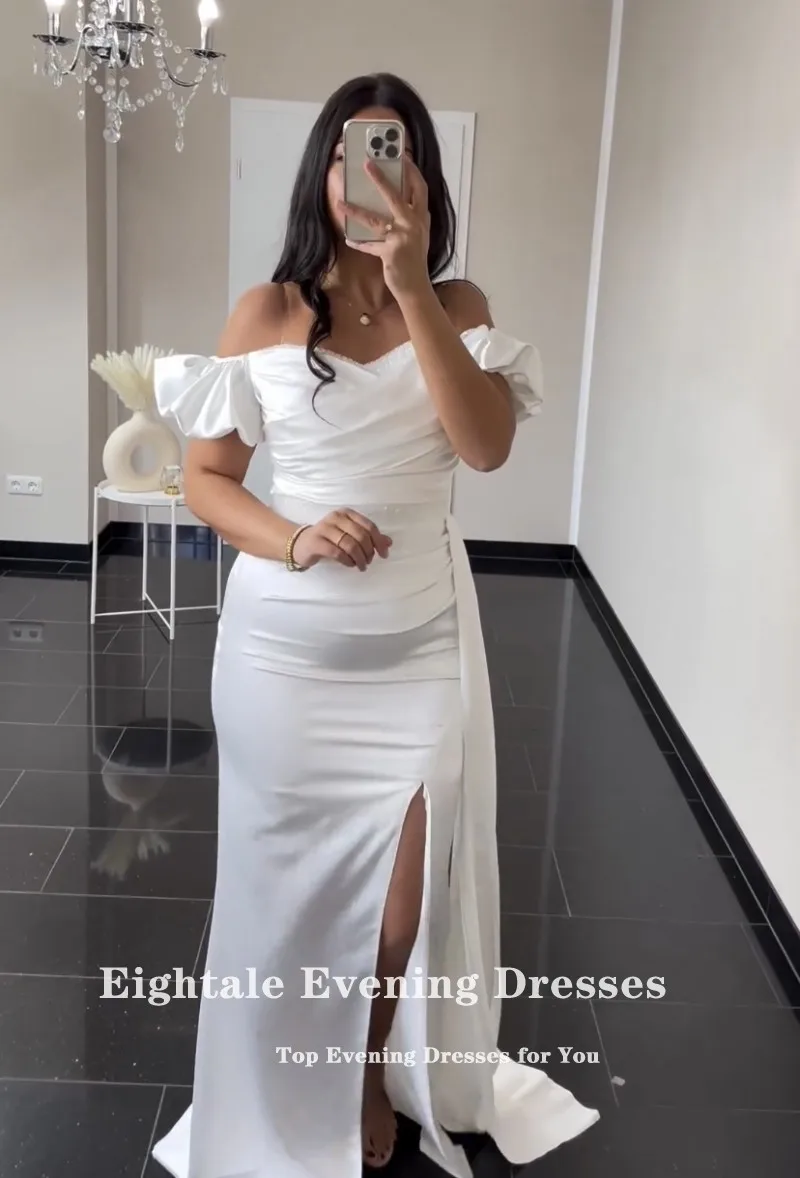 Eightale Arabic Evening dresses Mermaid Off the Shoulder Customized Satin Side Slit White Prom Wedding Party GownsRobe De Soirée