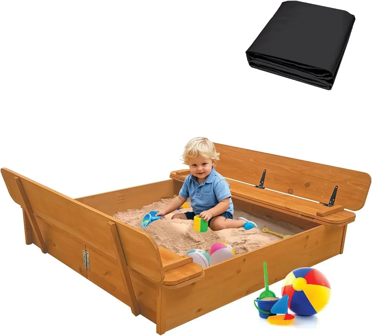 

Large Wooden Kids Sandbox with Lid - Outdoor Sand Box for Kids with Cover Sand Protection, Foldable Bench Seats and Bottom