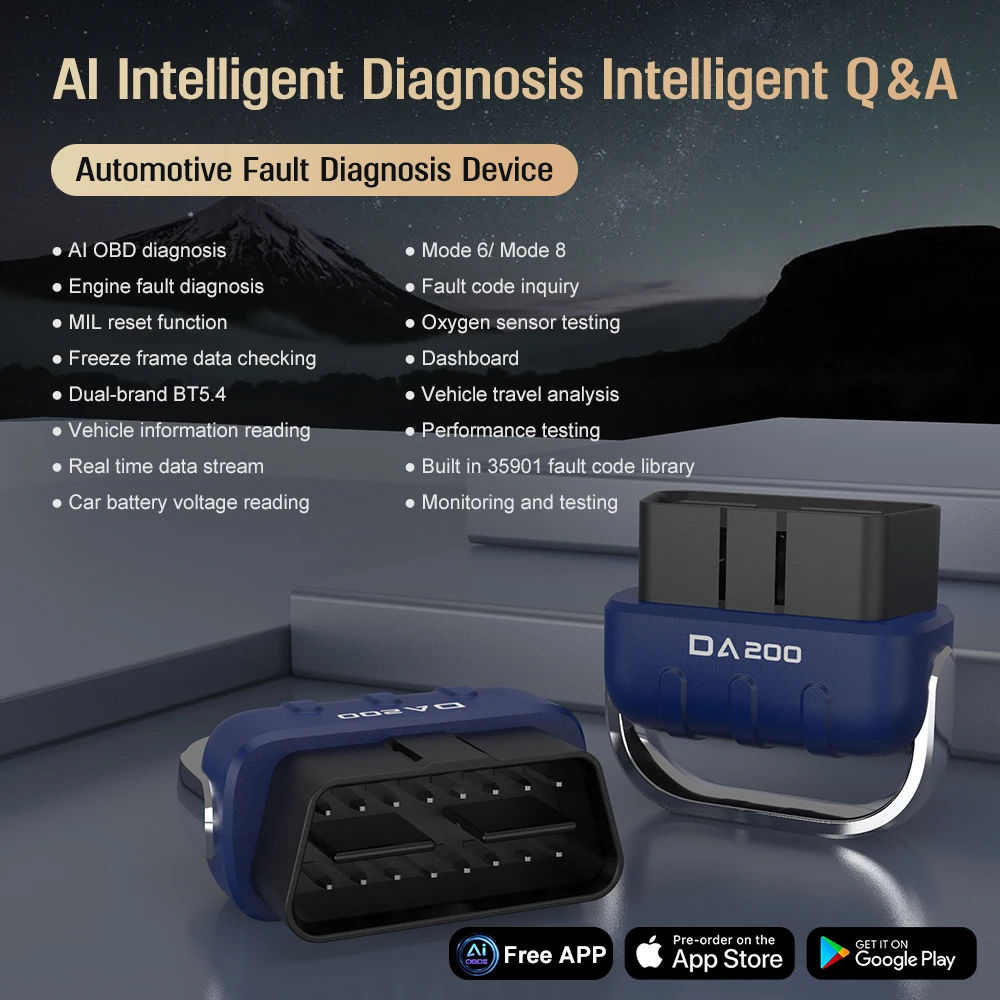 DA200 AI OBD2 Car Fault Diagnostic Tool Automotive Scanner Code Reader Engine Reset Battery Voltage Tester For IOS Android