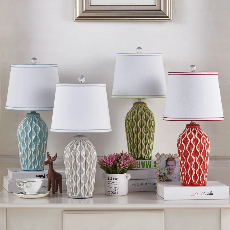 Nordic Creative Ceramics Table Lamp Led Fabric Lampshade Bedroom Bedside Living Room Study Restaurant