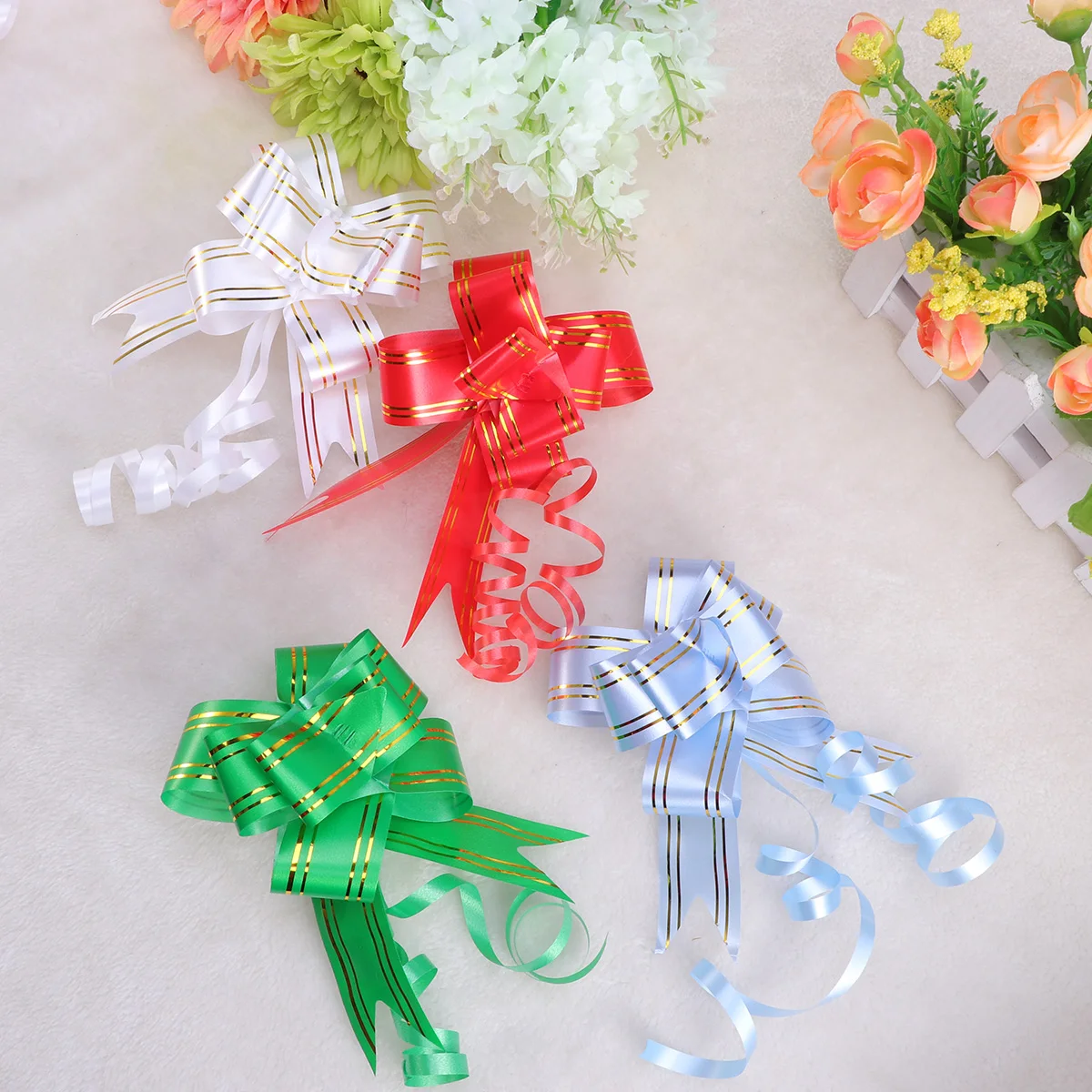 

20pcs Wedding Car Pull Bows Green Golden Side Design For Gift Wrapping Christmas Decorations String Bows Favor Bags Candy Boxes