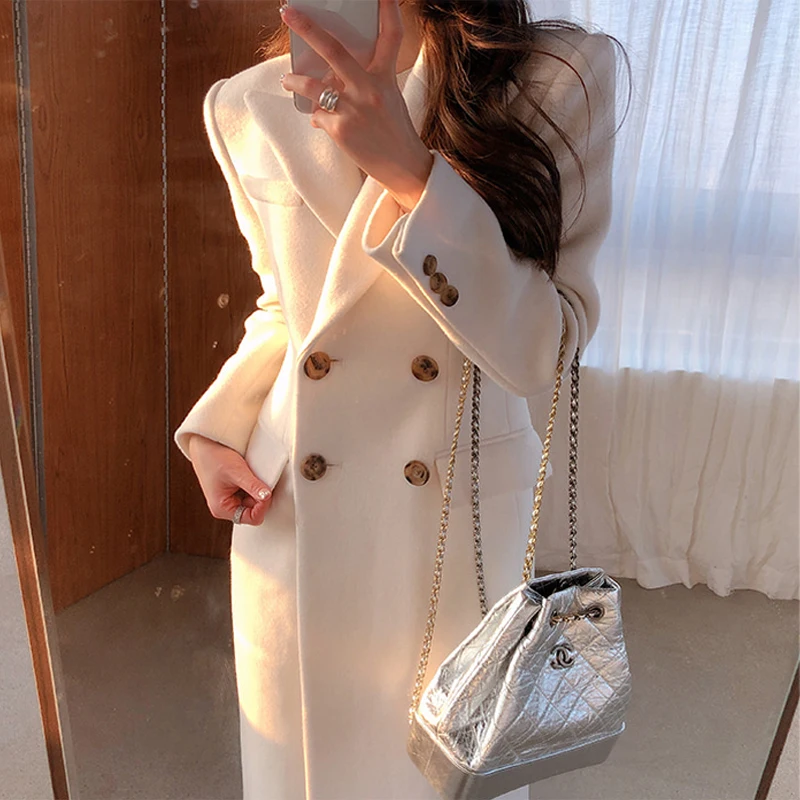 Korean-Style Double Breasted Mid-Length Slim-Fit Woolen Coat Women 2023 Autumn and Winter New Thicken White Woolen Coat Female