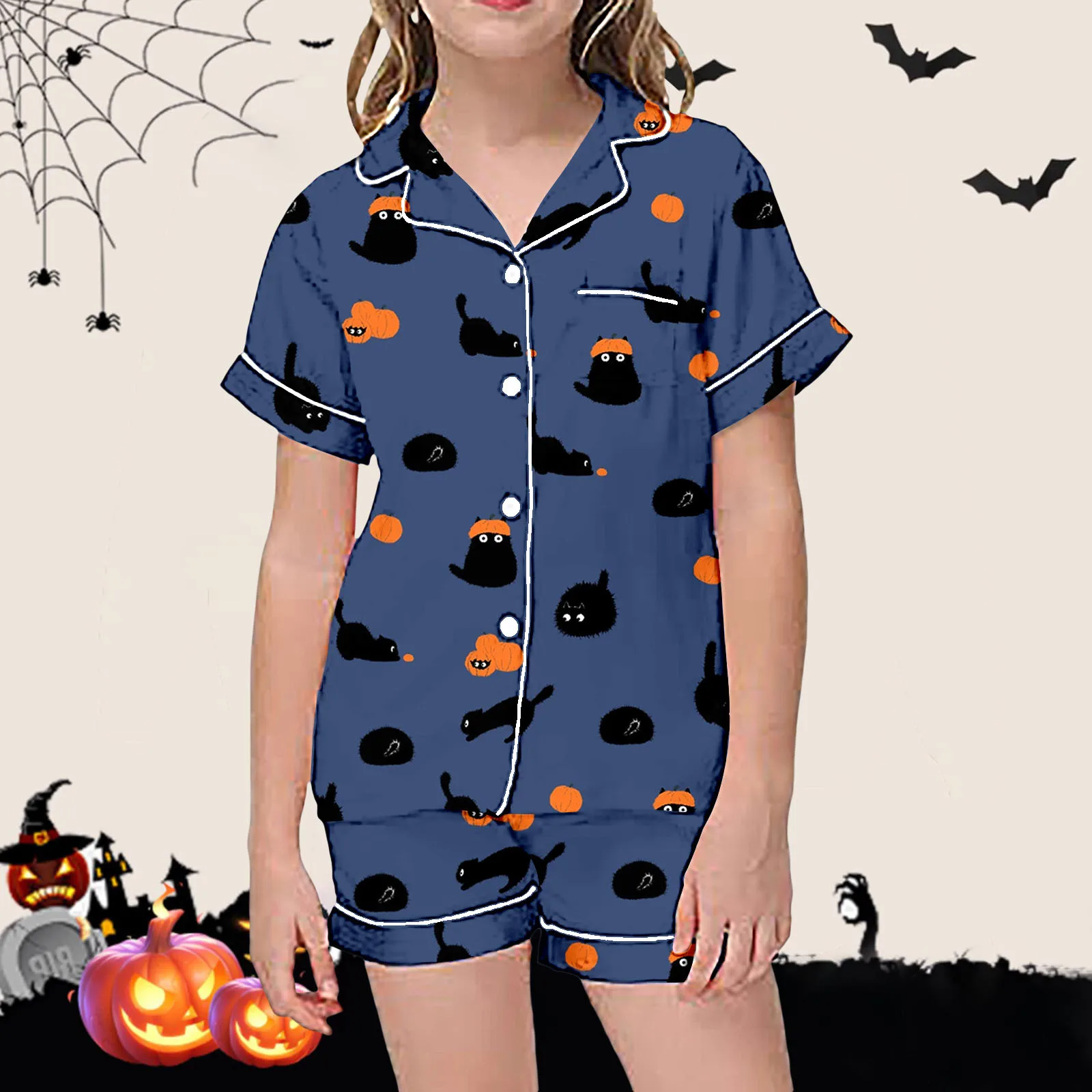 

Girls Summer Pajamas Halloween Classics Printed Button Collar Short Sleeved Top Shorts Pajama Set Jumpsuit For Baby Girl