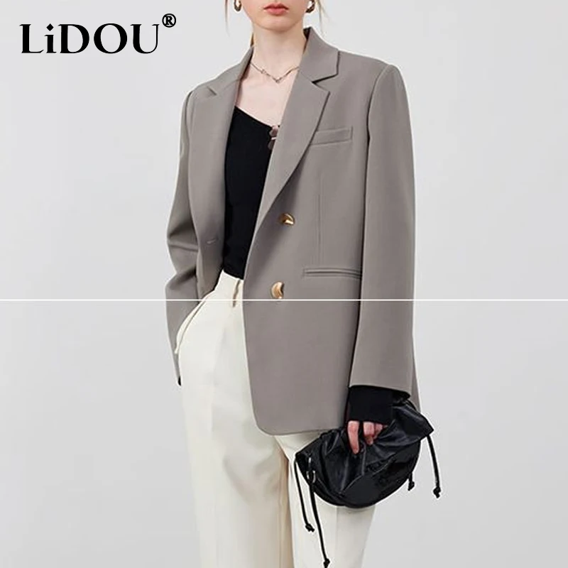 2023 Spring Autumn New Solid Color V-Neck Long Sleeve Button Suit Women Temperament Casual Loose Office Lady All-match Outwear