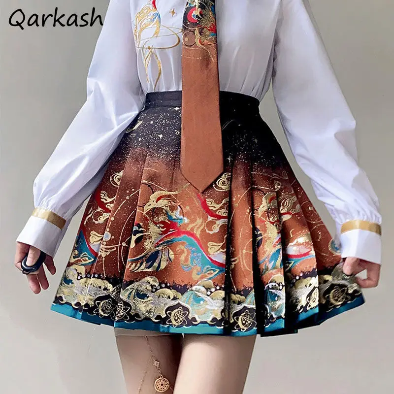 

Chinese Style Pleated Skirts for Women Delicate Vintage Prints Spring Sweet Temper Girlish Mini Skirt Fashion Streetwear Classy