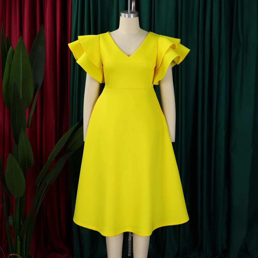 Yellow White Red Blue Midi Elegant Party Dresses 2024 Women Short Sleeve Fashion Cheap Clothes Female Clothing Graduation Dress