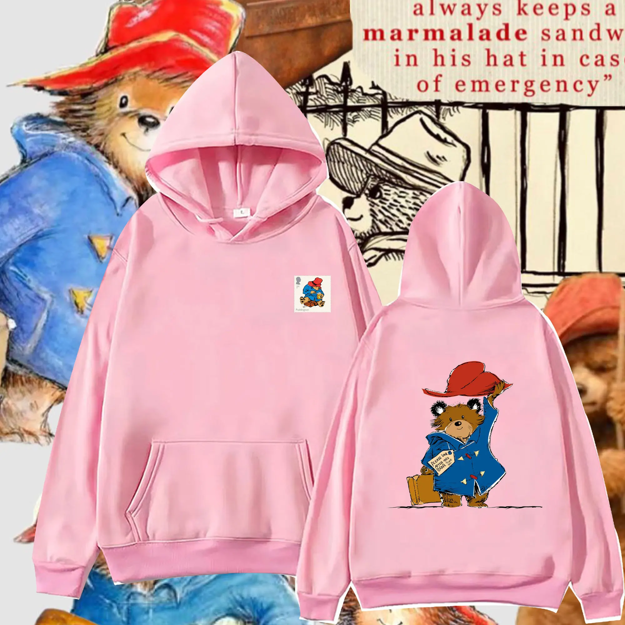 Funny Unisex Hoodie: Paddington Bear in London Cartoon Double-sided Printing 2025 Drop Shoulder Sweatshirt for Men Women Hoodies
