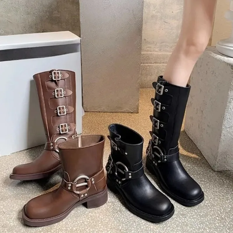 

Boots for Women Fashion Mid-calf Boots Double Buckle Design Women's Boot High Quality Casual Leather Boots for Women Knight Boot