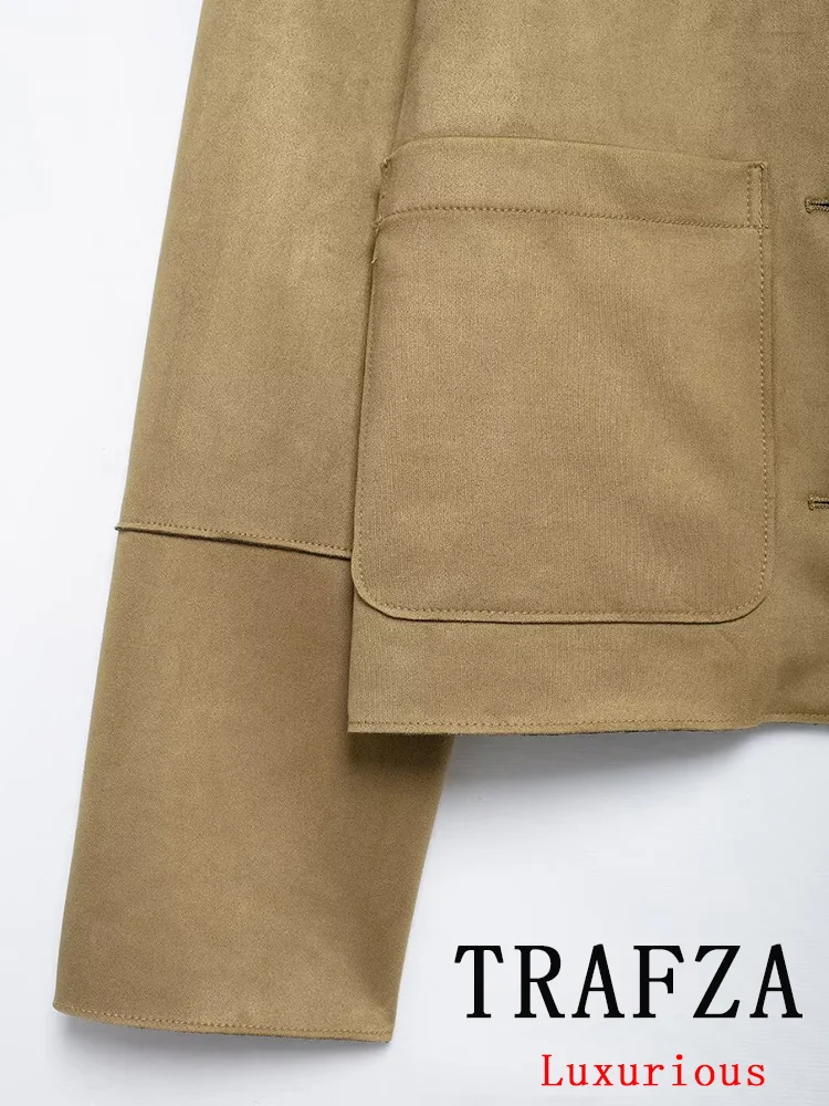 TRAFZA Vintage Chic Kurtki damskie Khaki Solidny długi rękaw Jednorzędowe kieszenie Krótkie płaszcze Nowa moda 2024 Jesienna odzież wierzchnia