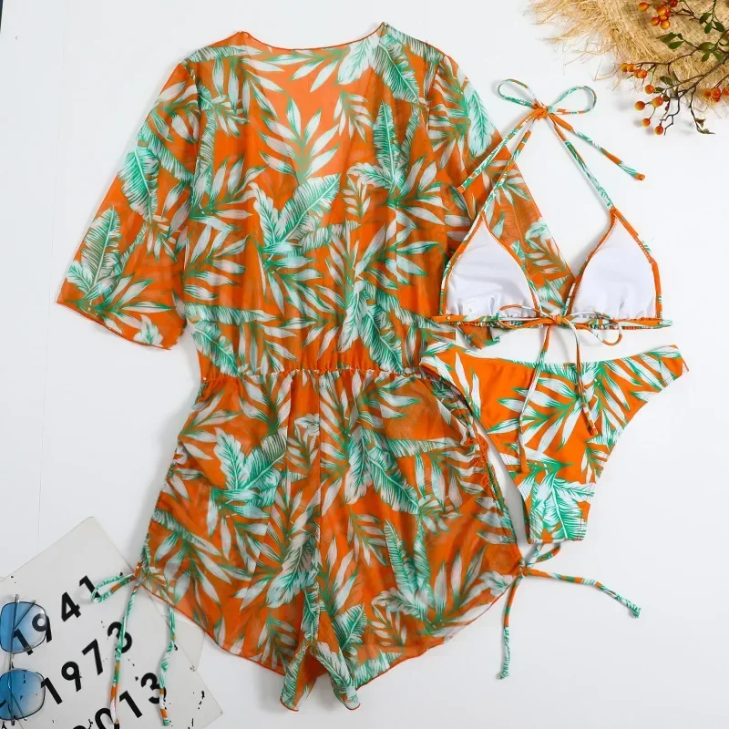 Conjunto de Bikini de tres piezas con cordón estampado Sexy, traje de baño para mujer, traje de baño para cubrir la playa, trajes de baño, mono, peleles, traje de baño
