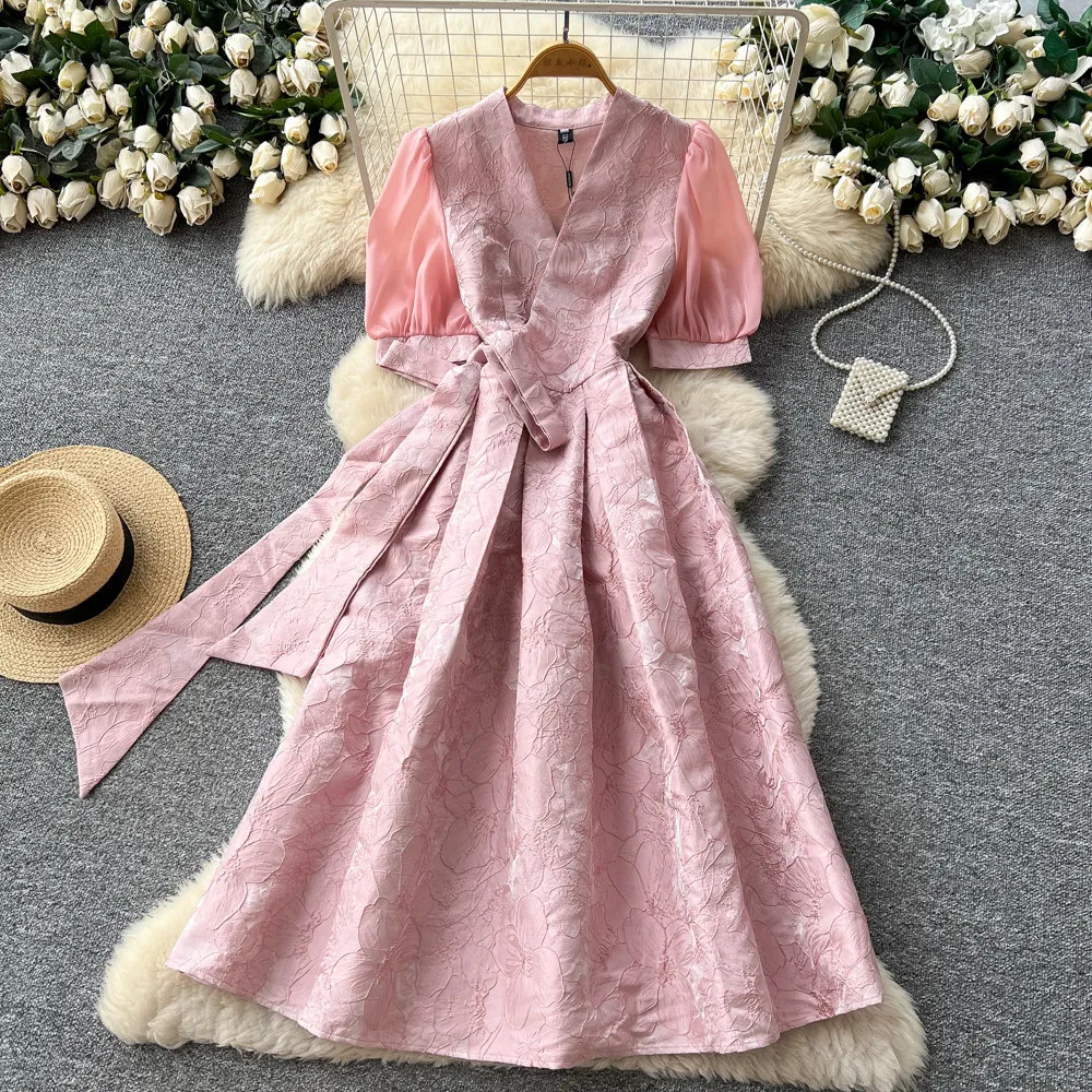 

Dress Women Mid Length Dresses A Line Vestidos Y2k Streetwear V Neck Lantern Sleeve Elegant Party Night Work Floral Tigth Waist