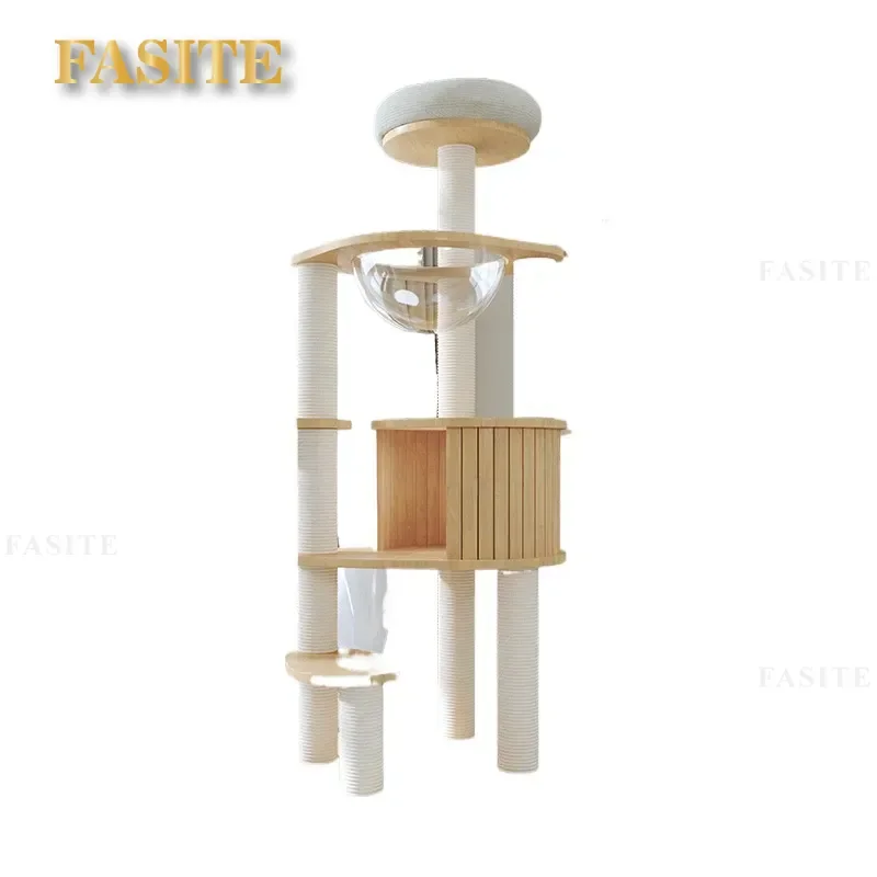For Cat Large Solid Rubber Wood Climbing Frame Integrated Cat Tree Tower Nest Shelf Space Saving Sturdy Furniture for Indoor