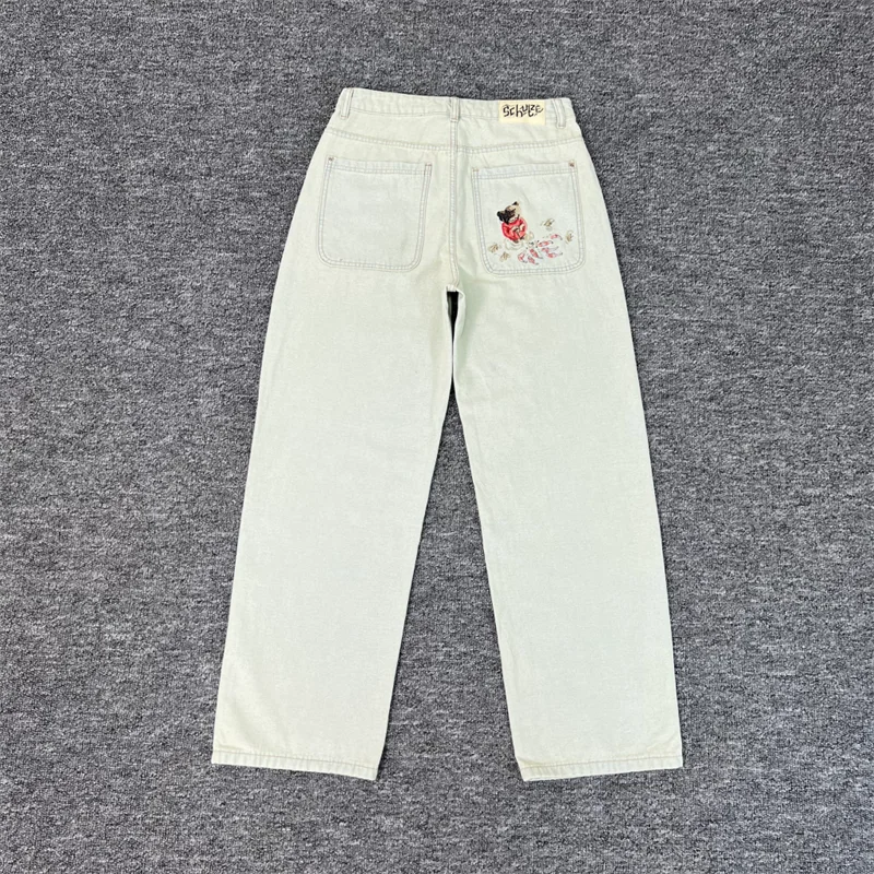 

Relaxed Fit Men Women Premium Quality Embroidered Straight Leg Jeans High Street Derschutze Casual Washed Cream Denim Jeans