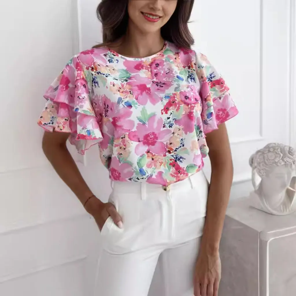 

Women's Summer Fashion Printed Ruffle Sleeve round Neck Short-Term Top European And American Style New Arrival