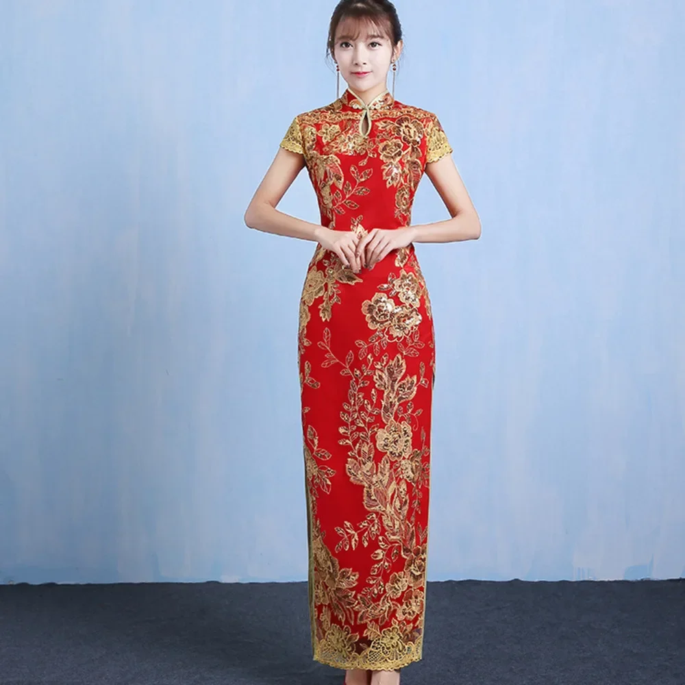 

Chinese Traditional Cheongsam Embroidery Dress Embroidered Wedding Red Sequin Lace Long Qipao Party Evening Sexy Dresses