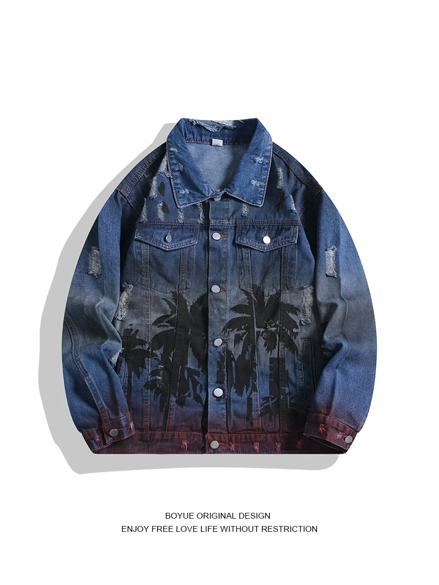 

Boyue adient nut Tree Print Loose Fit Denim Jaet ex Retro American Sle Casual Top for Teenagers Long Sve