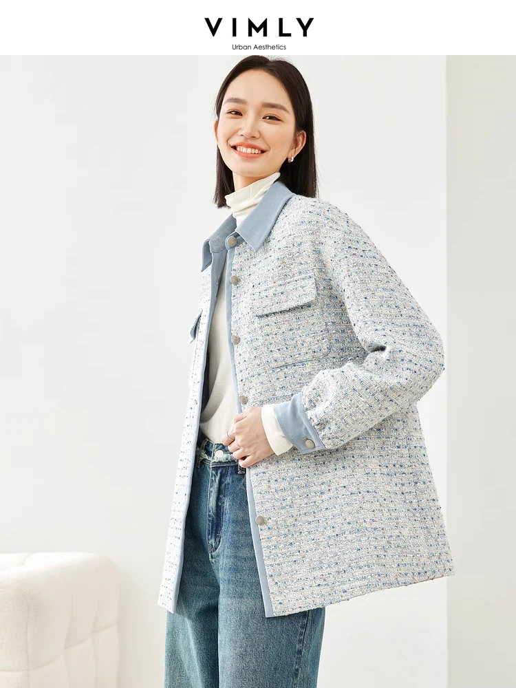 Vimly Winter Padded Tweed Coat Shackets for Women 2023 Patchwork Blue Mid-length Plaid Button Down Shirt Jackets Outerwear M3932