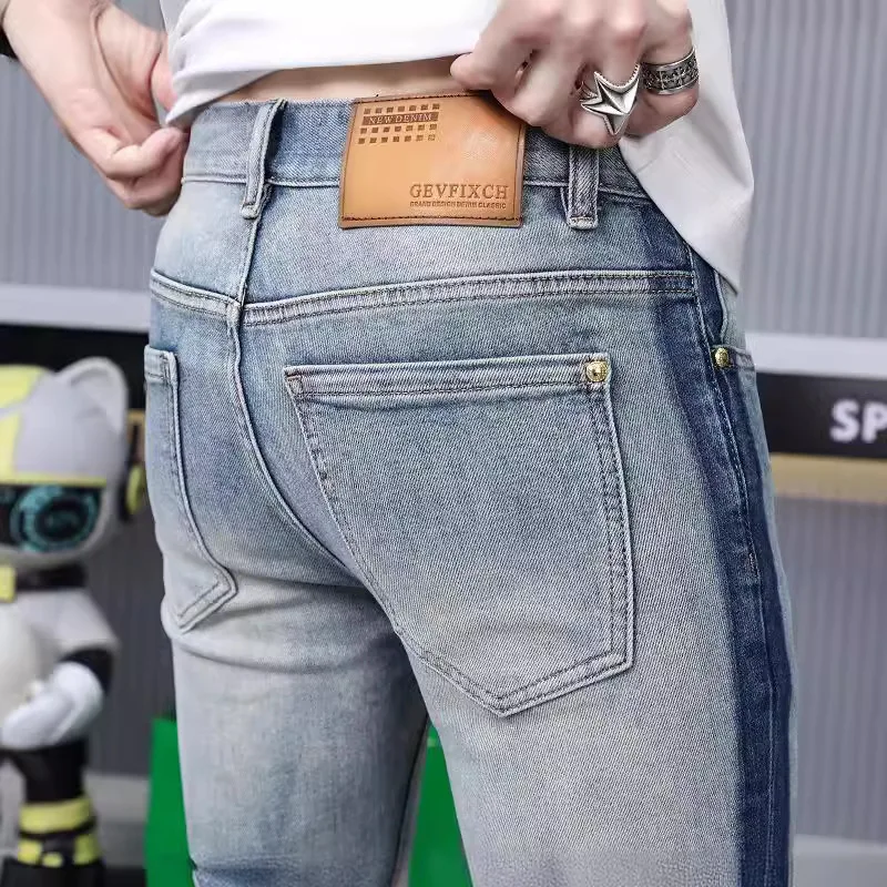Summer jeans men's striped print design fashion street fashion Korean slim stretch casual ankle banded pants
