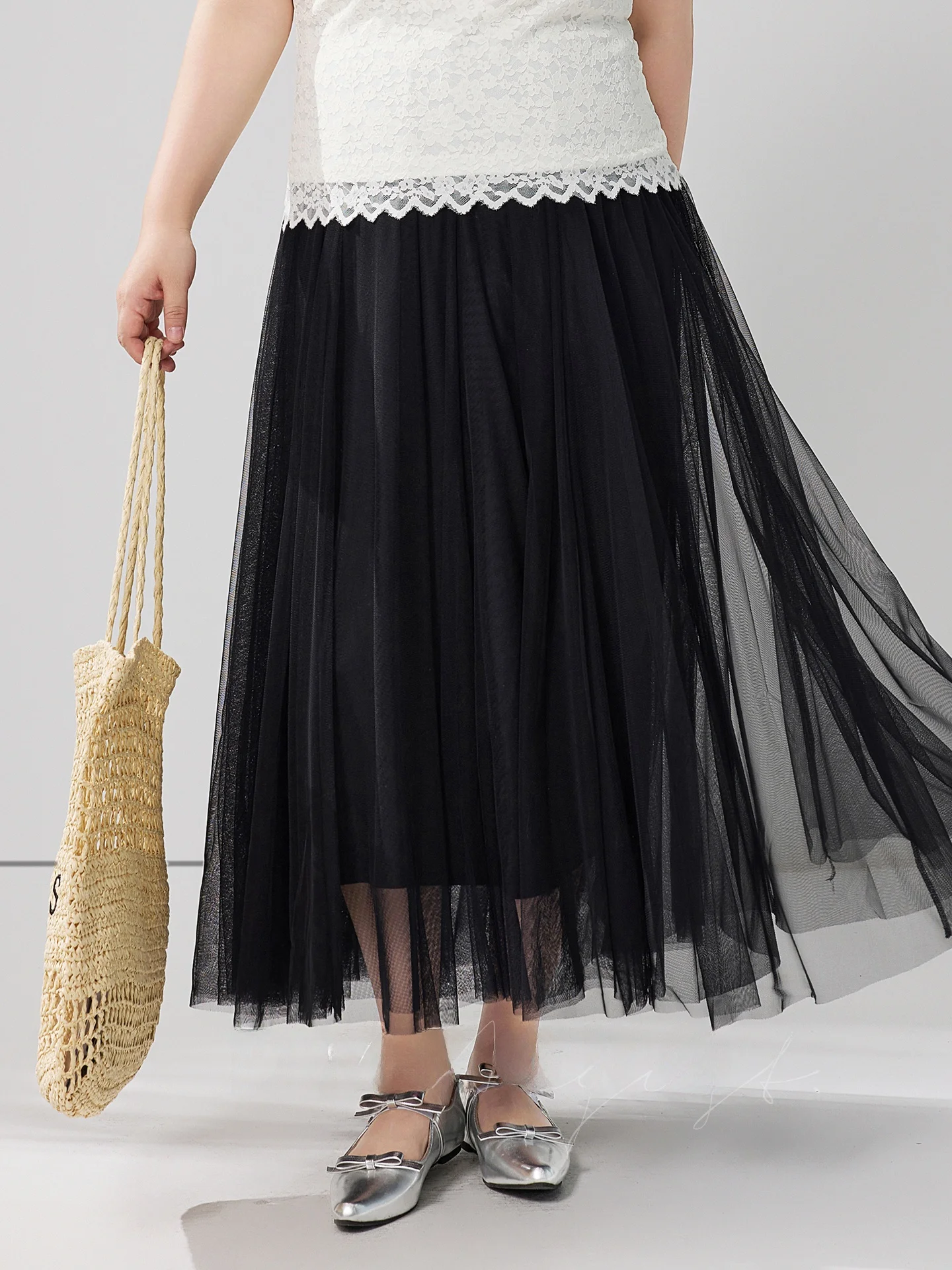 

Meat Miss Large Size Women's Spring New Net Half Skirt Midi Pleated Gauze Skirt Draping Slimming Skirt High Waist Commute Sty...