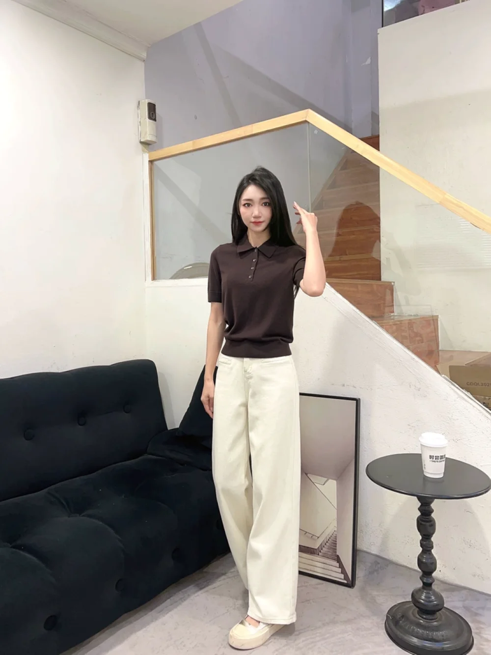 

Ethereal costume 2026 YAZHIMEI traf cos spring new style of Women's casual dark brown knitted polo shirt - simple style top