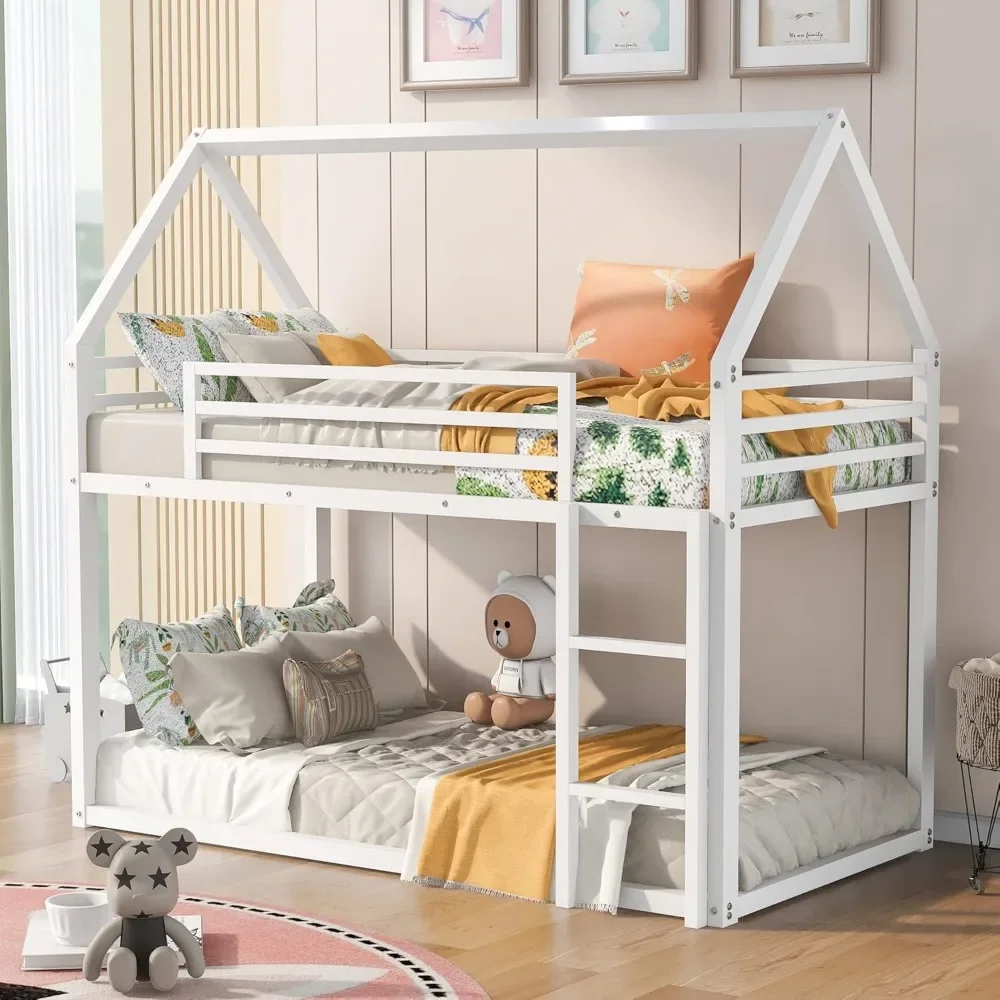 

Bunk Bed Metal Floor Bunk Bed with Ladder, House Shaped Bunk Bed Frame with Metal Slats for Dormitory and Bedroom, Space Saving