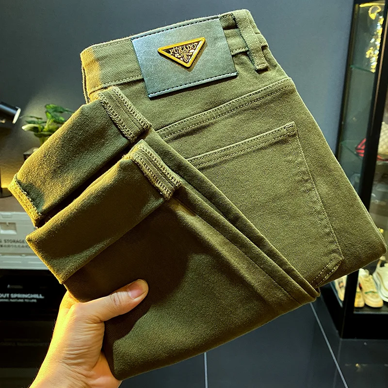 Pantalones vaqueros verdes retro de alta gama para hombre, jeans largos de lujo, ajustados, elásticos, informales, ligeros, otoño e invierno, 2024