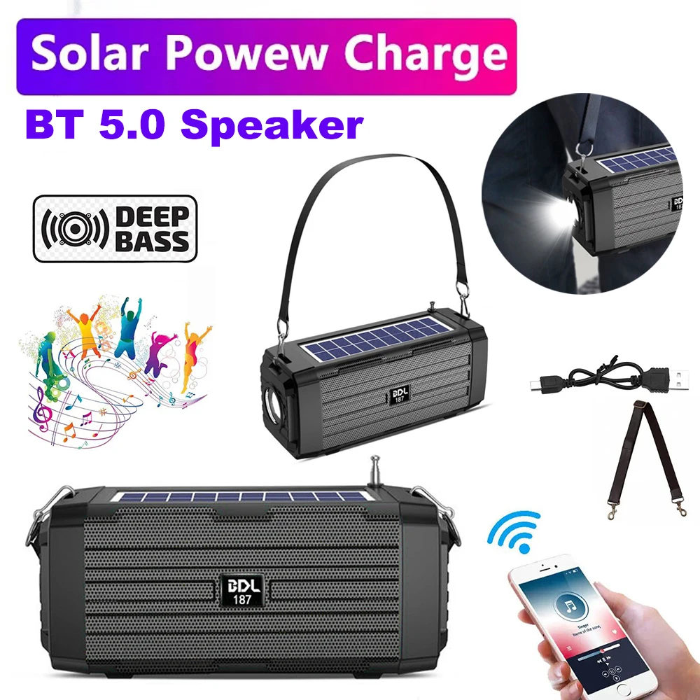 Solar Charging Wireless Stereo Speakers With Flashlight Outdoor Tws Subwoofer Bluetooth Compatible Speakers AUX/TF/FM Radio