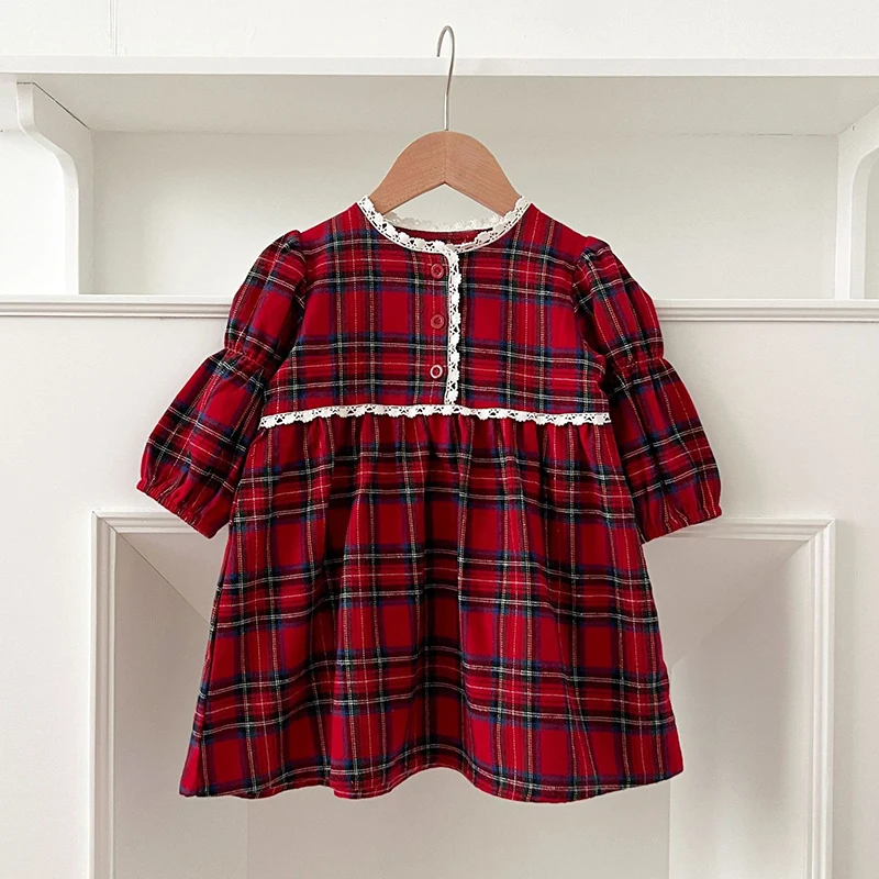 2025 Christmas Children Clothes 2-6Yrs Girl Party Dress Long Sleeves Grid Kids Princess Dresses New Year Clothing Sister Dress