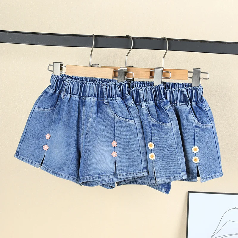 MILANCEL New Summer Kids Shorts 4-8T Sweet Flower Bow Girls Denim Shorts Comfortable Thin Cherry Children Half Pants
