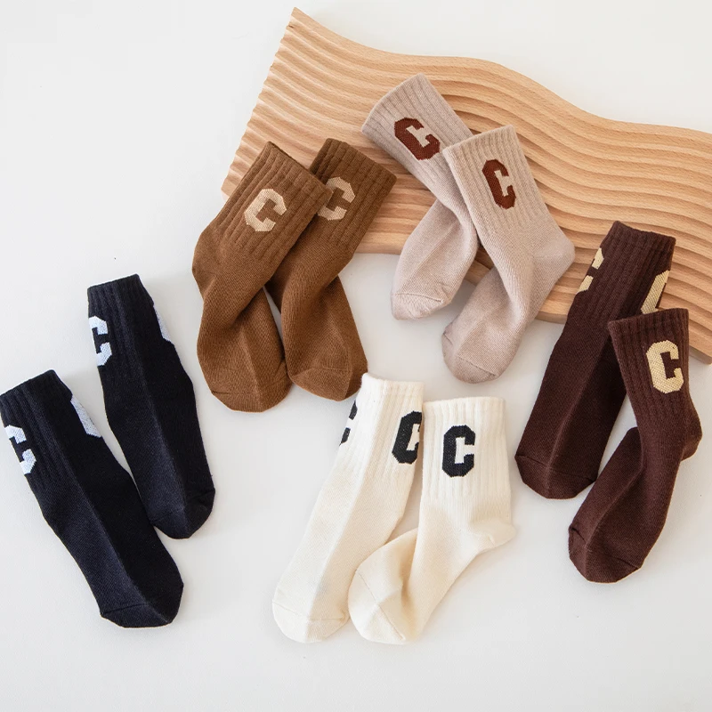 5Pair Kids Boys Girls Socks Fashon Letter Print Socks Simplicity Solid Color Calf Sock Spring Autumn Sport Socks носки детские