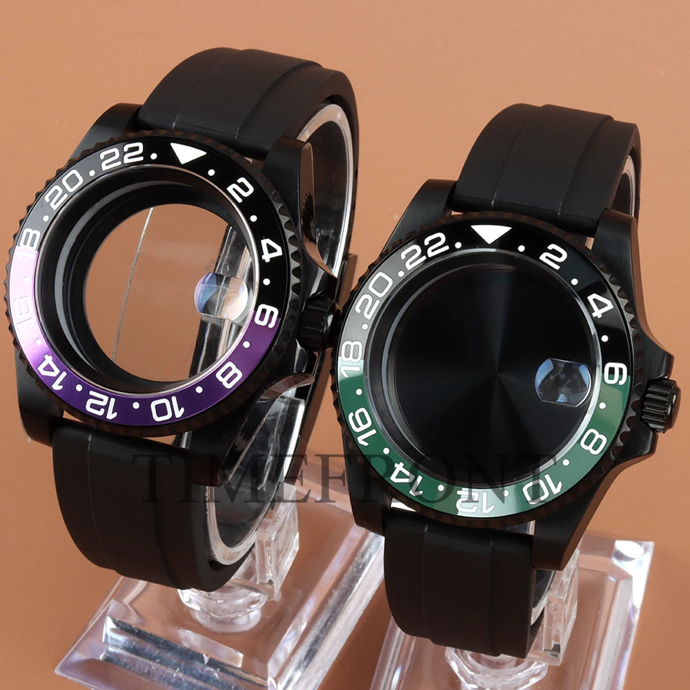 

For GMT 40MM Black Watch Case Rubber Strap Fit NH34 NH35 NH36 NH38 Movement 28.5mm Dial 316L Stainless Steel Watch Accessories