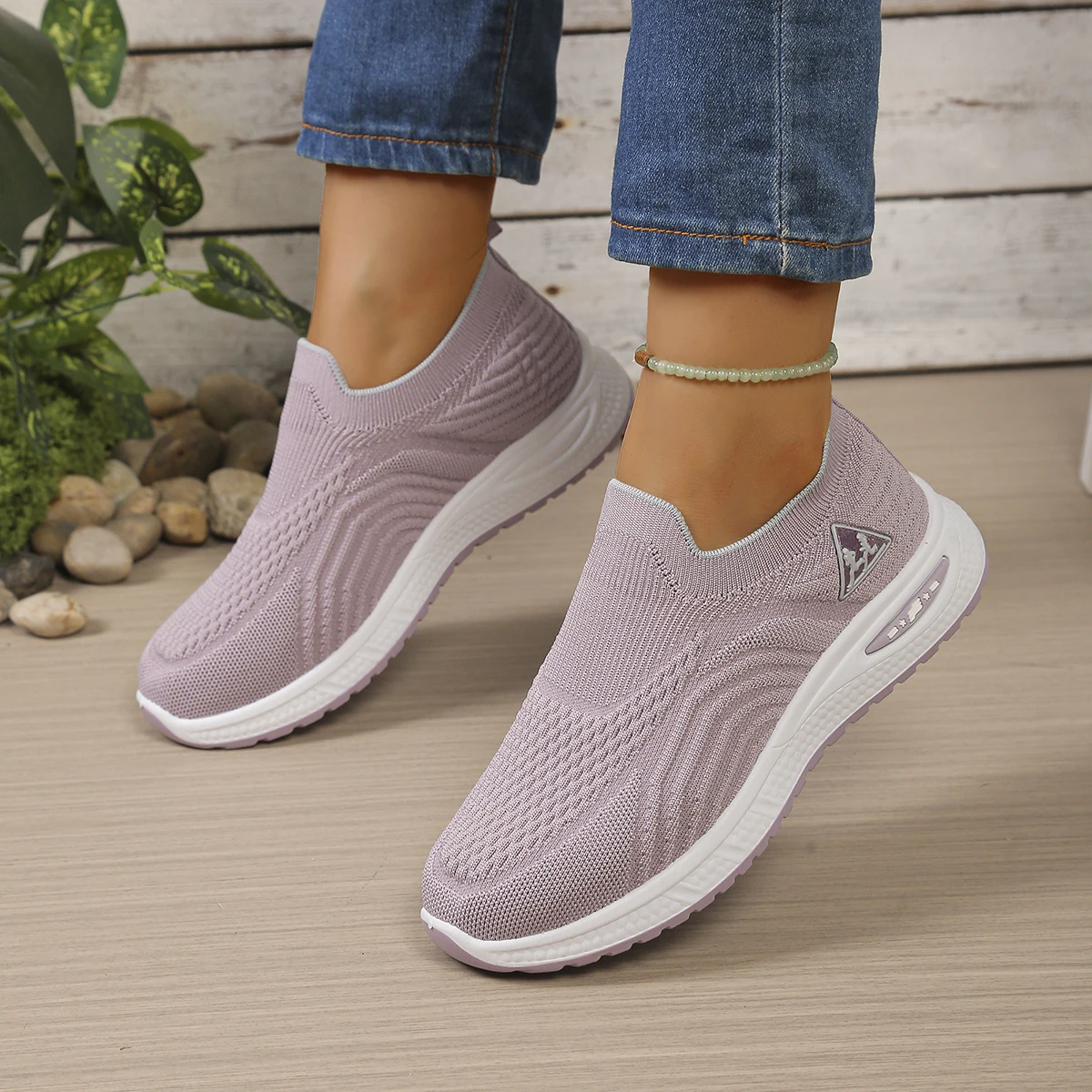 Zapatos Planos de Punto Ventilados con Diseño Ondulado, Tejido Jacquard, Entresuela Bicolor, para Uso Diario en Interiores y Exteriores