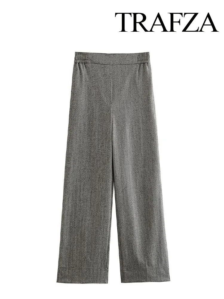 TRAFZA-pantalones de pierna ancha para mujer, calzas ajustadas con textura de cintura alta, elegantes con cintura elástica y bolsillos laterales, pantalón largo holgado informal, moda de otoño