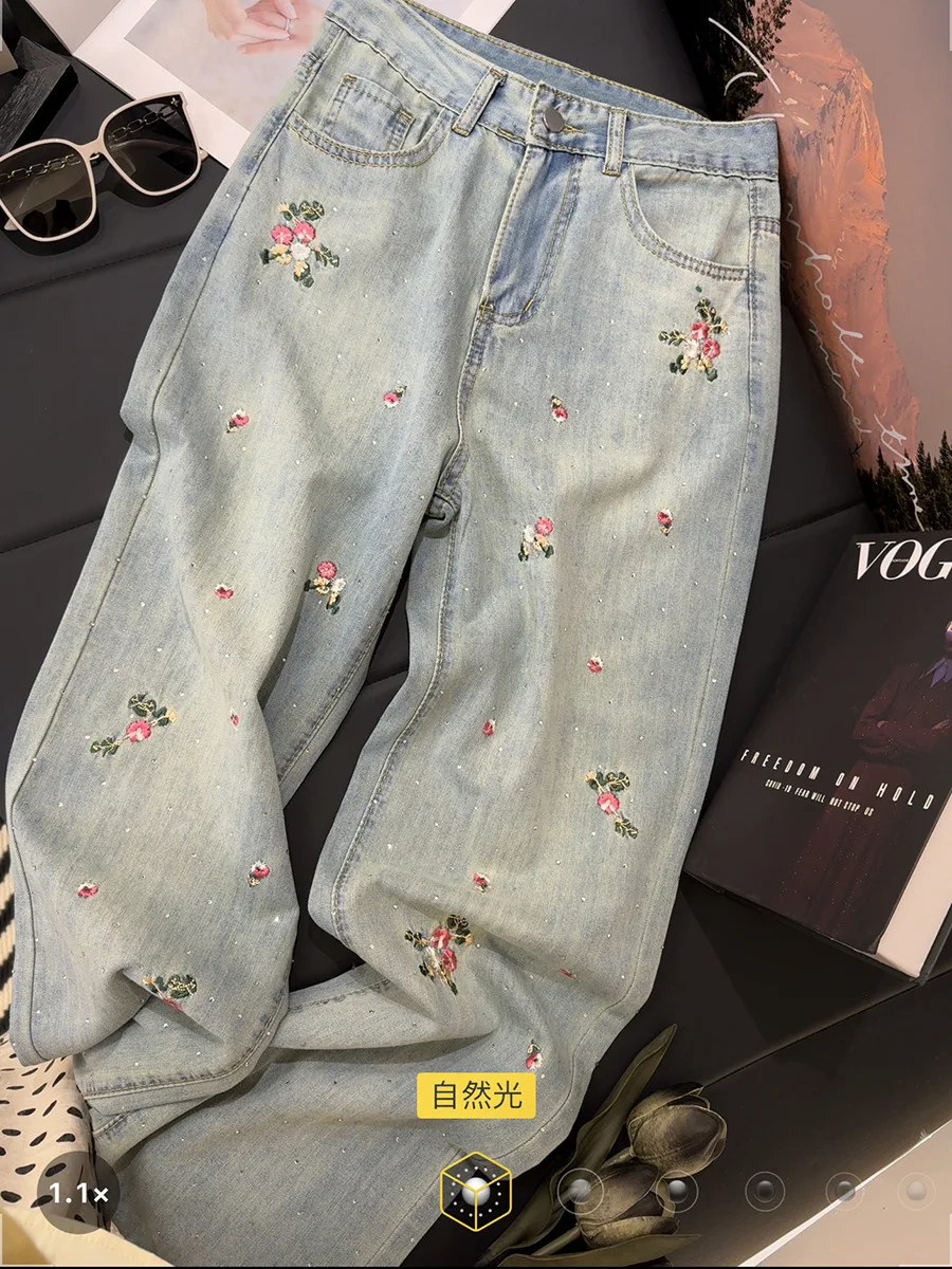 Spring Summer Women Floral Embroidered Beading Jeans Vintage High Waist Sweet Denim Pants Ladies Fashion Y2k Clothes Streetwear