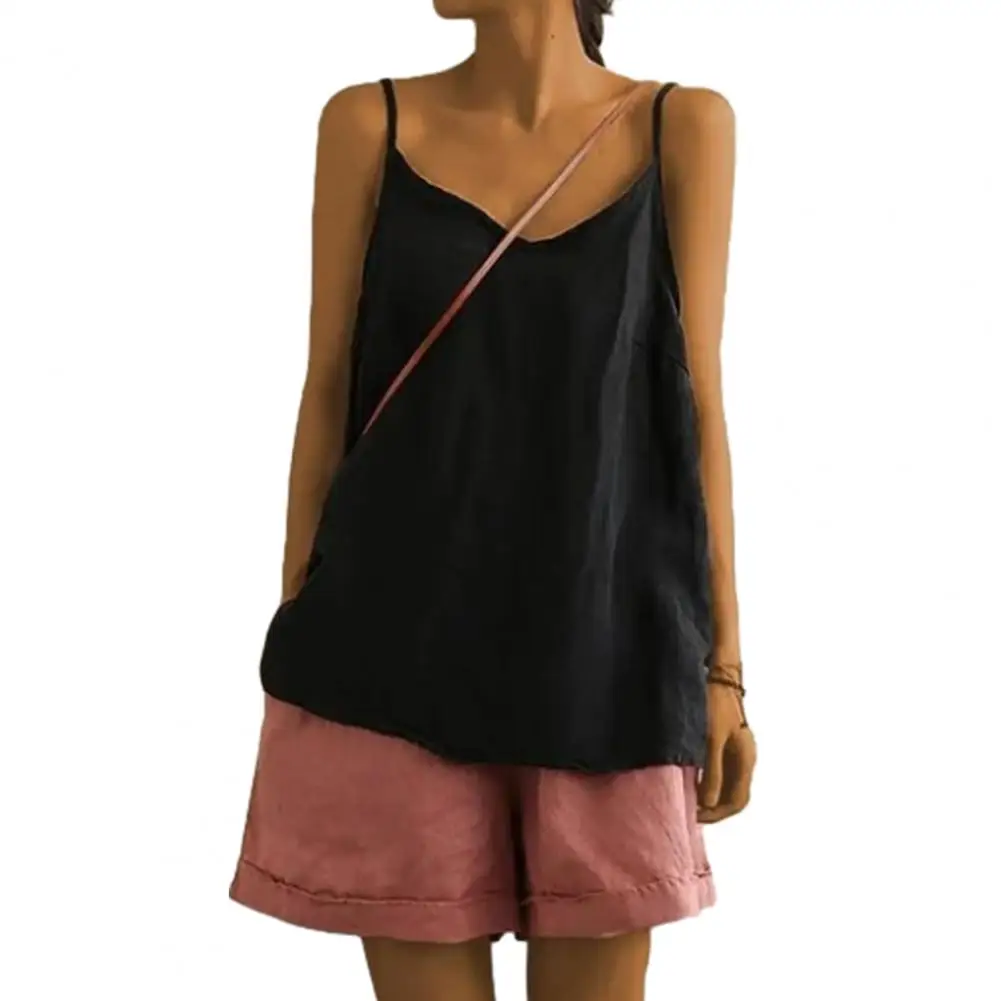 Summer Women Spaghetti Strap Tops Cotton Linen V-Neck Sleeveless Sling Tank Top Pure Color Loose Casual Vest Outdoor