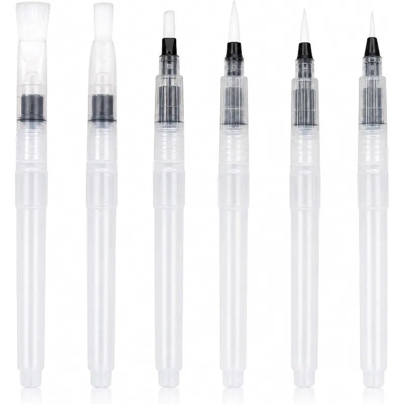 6Pcs Refillable Leak-Proof Water Brush Pens, Fine/Medium/Large Tips for Watercolour Sketch Calligraphy Travel